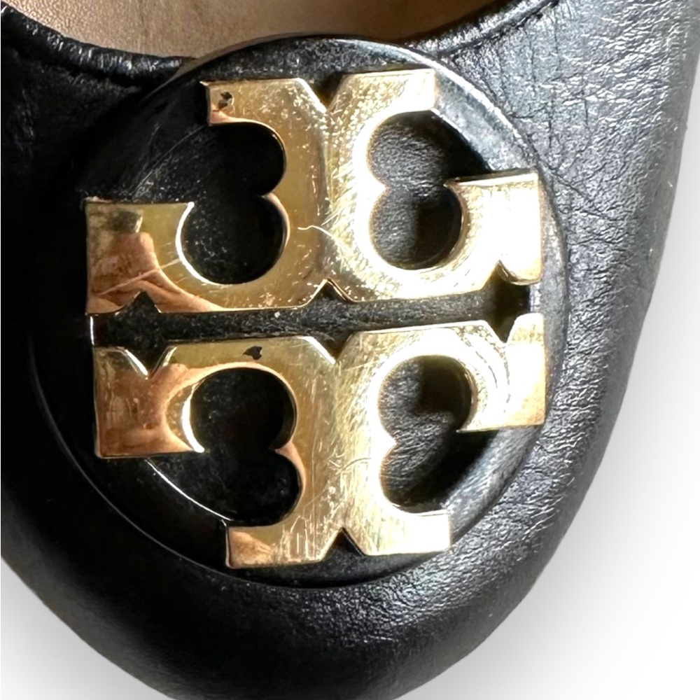 Tory Burch Black Leather Logo Ballet Flats with Gold Emblem - Picture 11 of 11